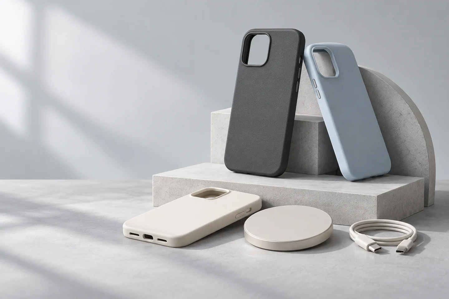 Composición de demostración: fundas, cargador magnético y cable USB-C.